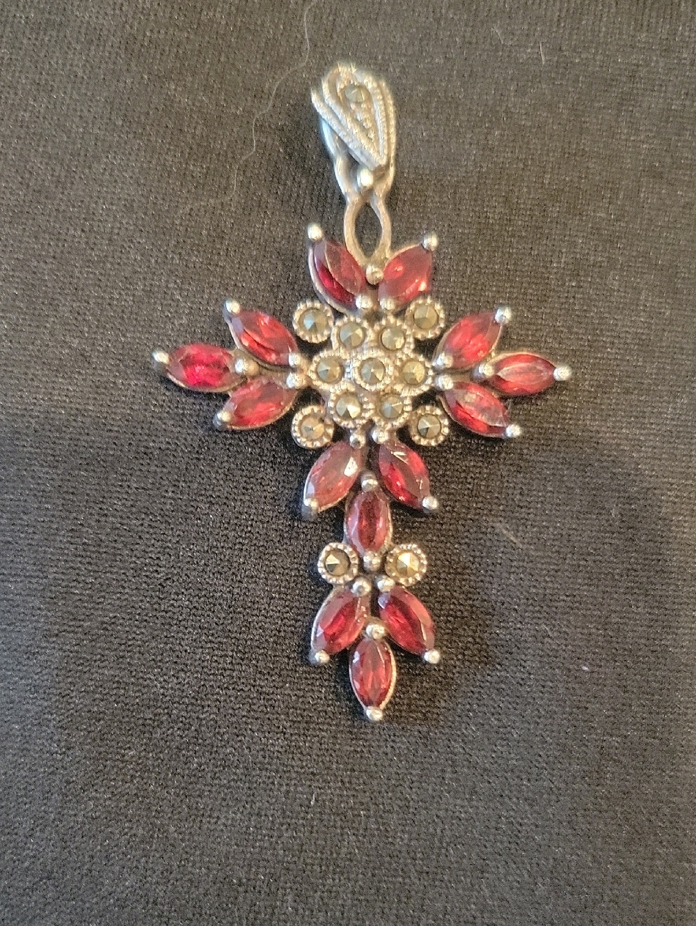 Marcasite And Garnet 925 Silver Cross Pendant Necklace - Women Jewelry